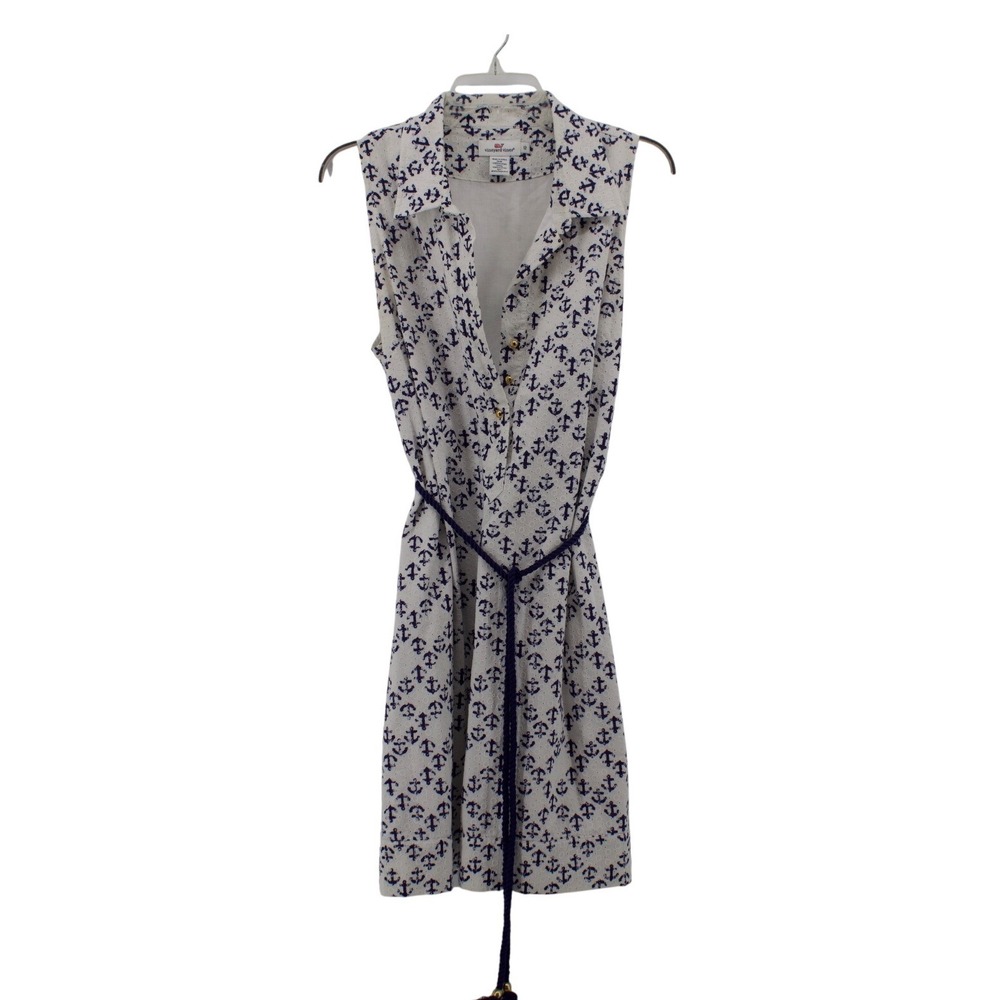 Vineyard‎ Vines Shirt Dress Womens 12 White Blue Good Anchor Eyelet Rope Belt